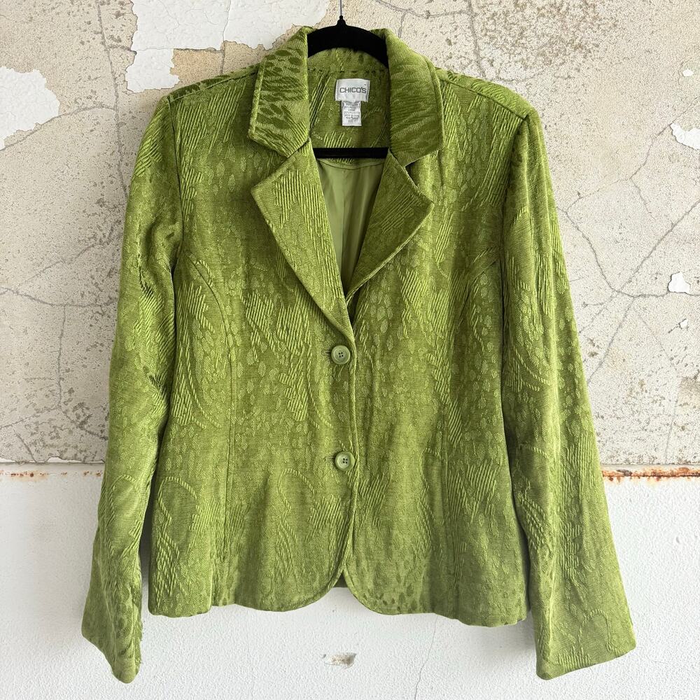 Chico's Blazer Green Jacquard Textured Jacket Womens M Artsy Boho Office Work